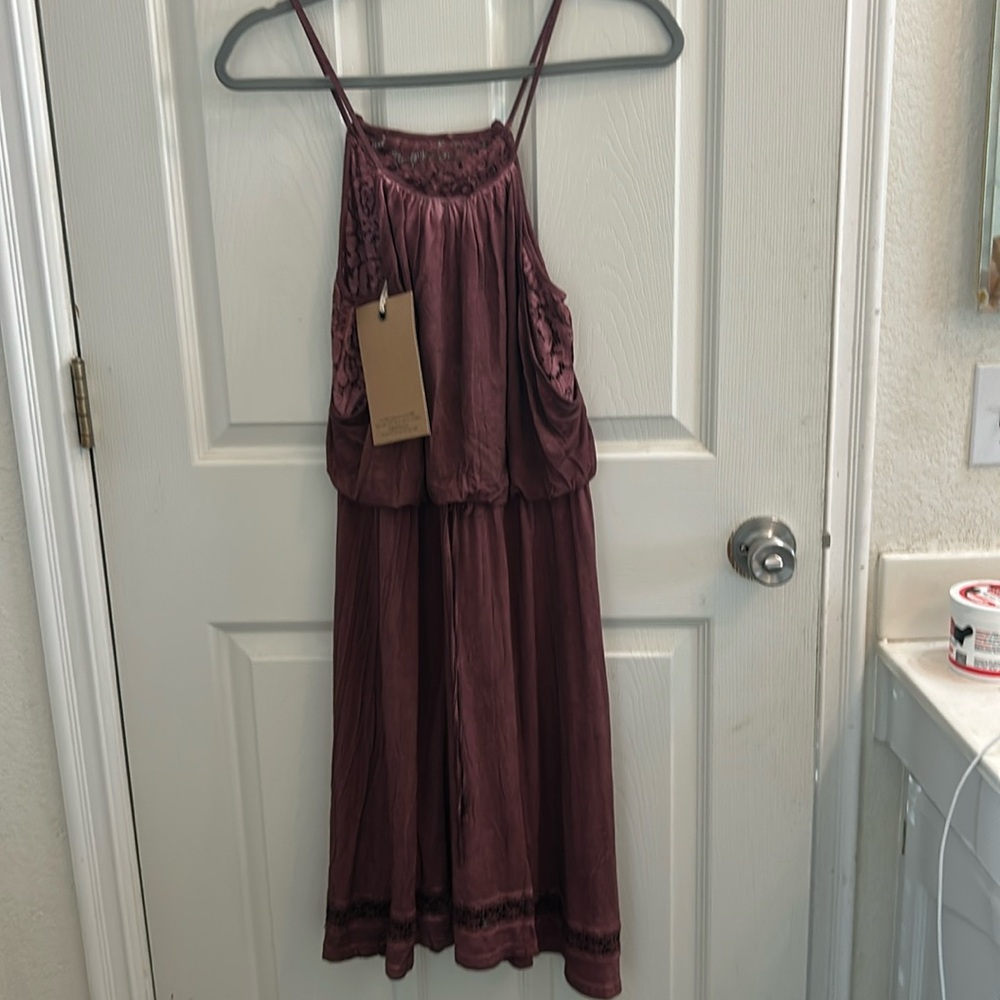 POL Burgundy Midi Dress with Lace Trim